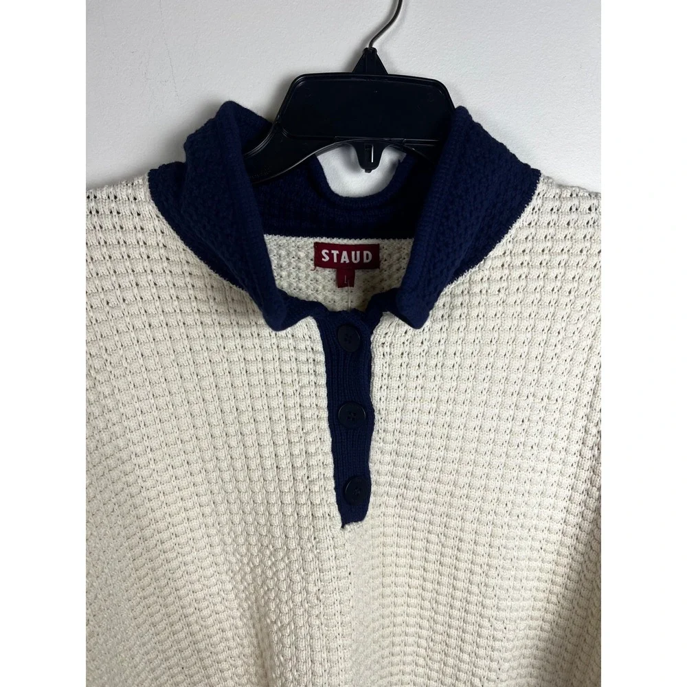 STAUD Altea Cream Navy Waffle Knit Polo Sweater Size L‎ NWT